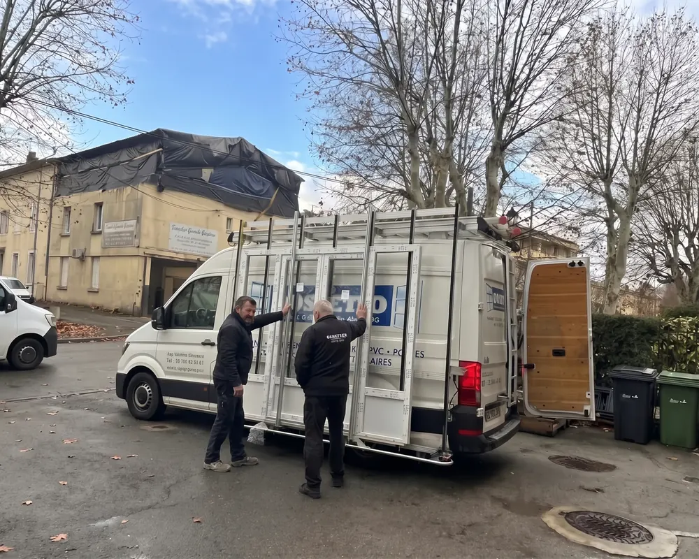 L'équipe Dossetto décharge les menuiseries du camion avant la pose