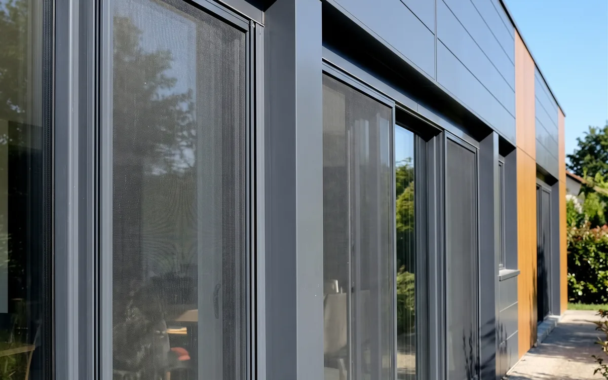 Moustiquaires sur rail posées sur les baies coulissantes d'une façade en aluminium