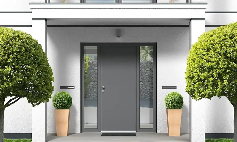 Porte d'entrée aluminium gris anthracite avec vitrages latéraux
